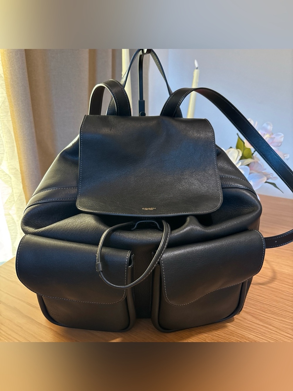 Coach Crosby Leather Backpack Black Drawstring Flap Gold Logo Snap Pockets